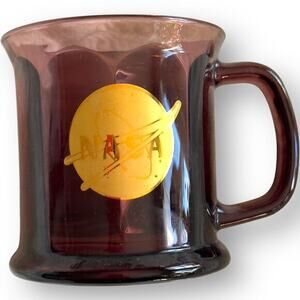 NASA Smoked Mulberry Purple Glass Coffee Mug Vintage Atomic Stars Gold Emblem